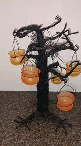 Halloween Spooky Tree Black Metal Tree Wire Orange Glass Votive Holder Decor - Picture 1 of 4