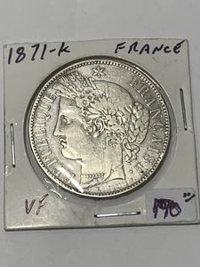 Frankreich Republik 1871 Silber 5 Francs Münze Preisträgerin Frau Büste nach links ss+ - Bild 1 von 4