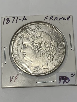 France Republic 1871 Silver 5 Francs Coin Laureate Woman's Bust Facing Left VF+ - Image 1 of 4