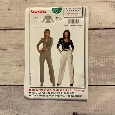 Burda 7758 Sewing Pattern Top Fitted Shirt Knit T-Shirt Misses Sz 10-20 UNCUT - Image 1 of 3