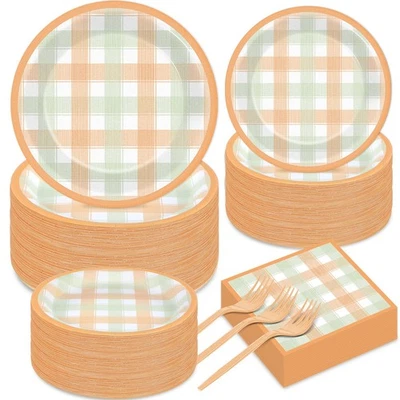 200PCS Fall Thanksgiving Tableware Set Party Decorations Thanksgiving Plaid P... - Image 1 of 4
