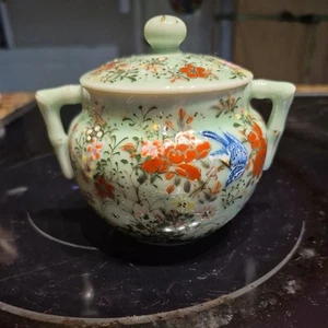 Vintage Celedon Hand Painted Green Sugar Bowl Red Pink Gold flower accents - Picture 1 of 6