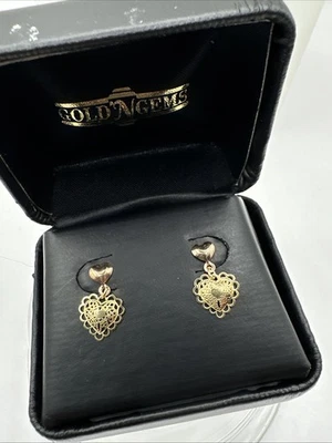 "Pendientes colgantes vintage de oro amarillo de 14 quilates + corazón de filigrana de oro rosa de 0,75""" Foto 1 de 4