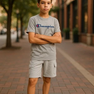 Champion Boys Tee Sz S Gray Logo Short Sleeve Cotton Blend - Picture 1 of 9