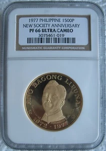 1977 Philippines Gold 1500 Piso NGC PF-66 Ult.Cameo NEW SOCIETY ANNIVERSARY - Picture 1 of 3