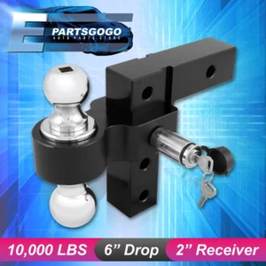 Dual Ball Mount 2" Tow Hitch Adjustable 6" Raise/Drop Truck Trailer Black + Lock - Picture 1 of 3
