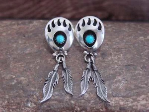 Native American Sterling Silver Turquoise Bear Paw Feather Post Dangle Earrin... - Picture 1 of 6