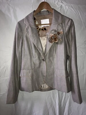 Traje Pantalón Rebecca Taylor Ligero Gris Pálido y Rayas Rosa con Botones Flor Foto 1 de 4