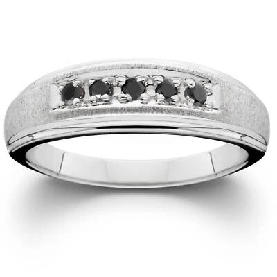 Mens Black Diamond White Gold Ring Brushed Wedding Band - Image 1 of 3