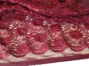 NEW Maroon Corded Stretch Lace Maroon Sequins Scallop Border Lace Fabric - Picture 1 of 8
