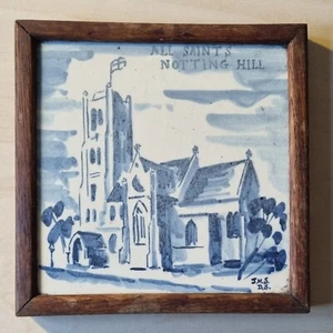 ALL SAINTS NOTTING HILL handbemalte Fliese im Holzrahmen 50er Jahre antik - Bild 1 von 3