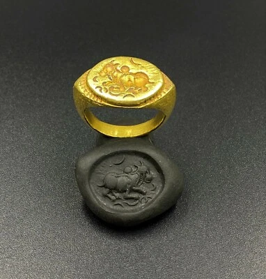 Joyería Antigua Anillo de Oro Típico Toro Nandi Símbolo Sello Birmania Cultura Pyu  Foto 1 de 4
