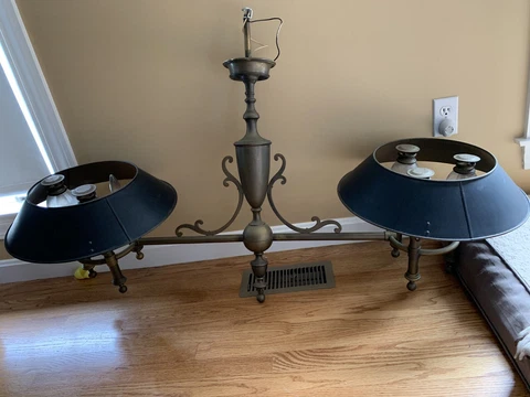 Vintage CHAPMAN Bouillotte Chandelier Tole Shades Brass Pullman Train Billiards Cover