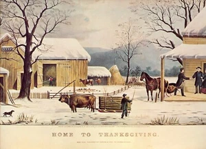 Currier And Ives HOME TO THANKSGIVING 1973 repro color print 11 x 14" - Picture 1 of 3