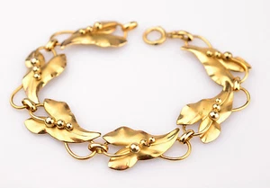 BRACCIALE VINTAGE ORO PIENO FANTASIA FOGLIE LINK CON 3 SFERE DESIGN 7,75 POLLICI - Foto 1 di 5