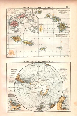 1898. POLINESIA Y REGIÓN POLAR SUR.  Mapa antiguo GRAN TAMAÑO Foto 1 de 4
