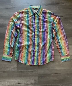 Vintage Just Cavalli Men’s Long Sleeve Button Up Shirt Rainbow Striped Sz Large - Picture 1 of 12