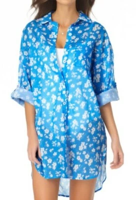 NUEVO CON ETIQUETAS Anne Cole Mujeres MEDIANO Algodón Novio Camisa Encubrimiento Azul/Blanco Foto 1 de 4