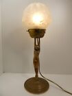 ART DECO BRASS DIANA NAKED LADY STATUE LAMP EMBOSSED ROSES GLASS LIGHTSHADE