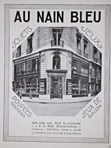 WERBUNG 1932 MIT BLAUEM ZWERG SPIELZEUG SPIELE PUPPEN WOHNZIMMER SPIELE RUE ST HONORÉ - Bild 1 von 1