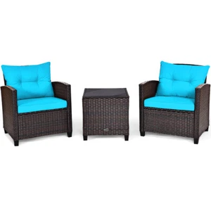 Patiojoy 3PCS Patio Rattan Furniture Set Cushioned Conversation Sofa Turquoise