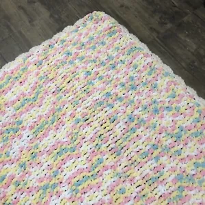 Handmade Knitted Baby Blanket Pastel Blue Pink Yellow 56x48 Inch NICE - Picture 1 of 8