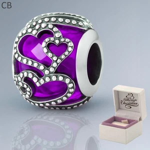 Cuentas de plata de ley 925 'corazones pavé morados' para pulseras con dije - Caja de regalo - Imagen 1 de 7