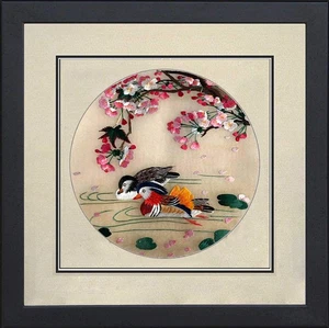 Seidenkunst 100 % Handarbeit Liebe Vögel Stickerei gerahmt Mandarine Ente chinesische Pri... - Bild 1 von 6