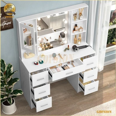 Extra Large Dressing Table With LED Lighted Mirror 7 Drawers Makeup Vanity Desk - Image 1 of 4