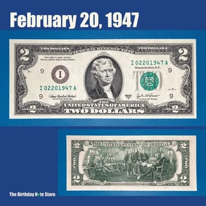 February 20, 1947 Birthday Anniversary $2 Two Dollar Bill Serial Number 02201947 - Picture 1 of 2