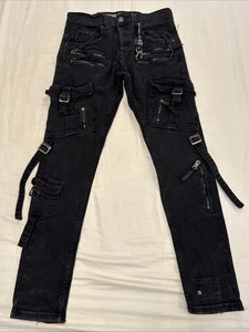 Smugglers Moon Black Denim Distressed Jeans Button Fly Cargo 32x32 measure 29x28 - Picture 1 of 16
