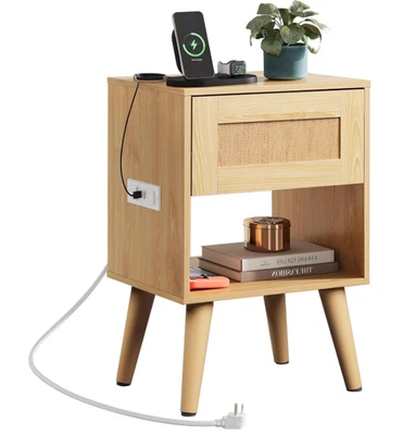 Mesita de noche boho roble natural con cajón y estación de carga para dormitorio Foto 1 de 4