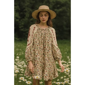 Entro Damen L Blumen Kleid Creme Boho Spitze Bestickt Cottagecore Bauer - Bild 1 von 13