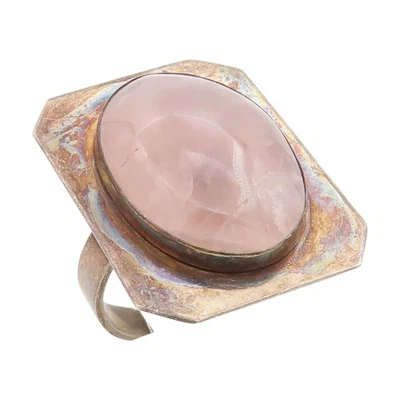 Anillo de plata de ley 925 vintage cabujón grande banda de cuarzo rosa talla 11,5 RG33812 Foto 1 de 4