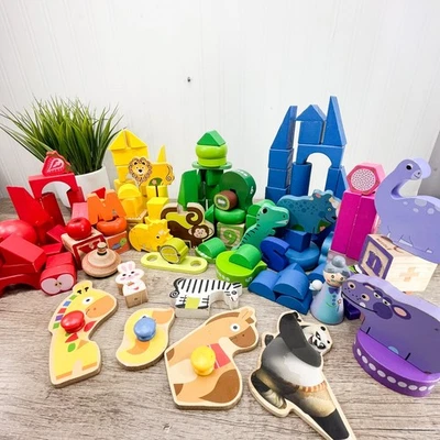 Lot Of 135 Piece Wooden Wood Colored Building Blocks Assorted Set Vtg - Now - Image 1 of 4