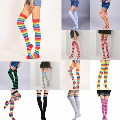 Calcetines altos sobre los para mujer niñas medias de rodilla a rayas talla transparente muslo plus Foto 1 de 4