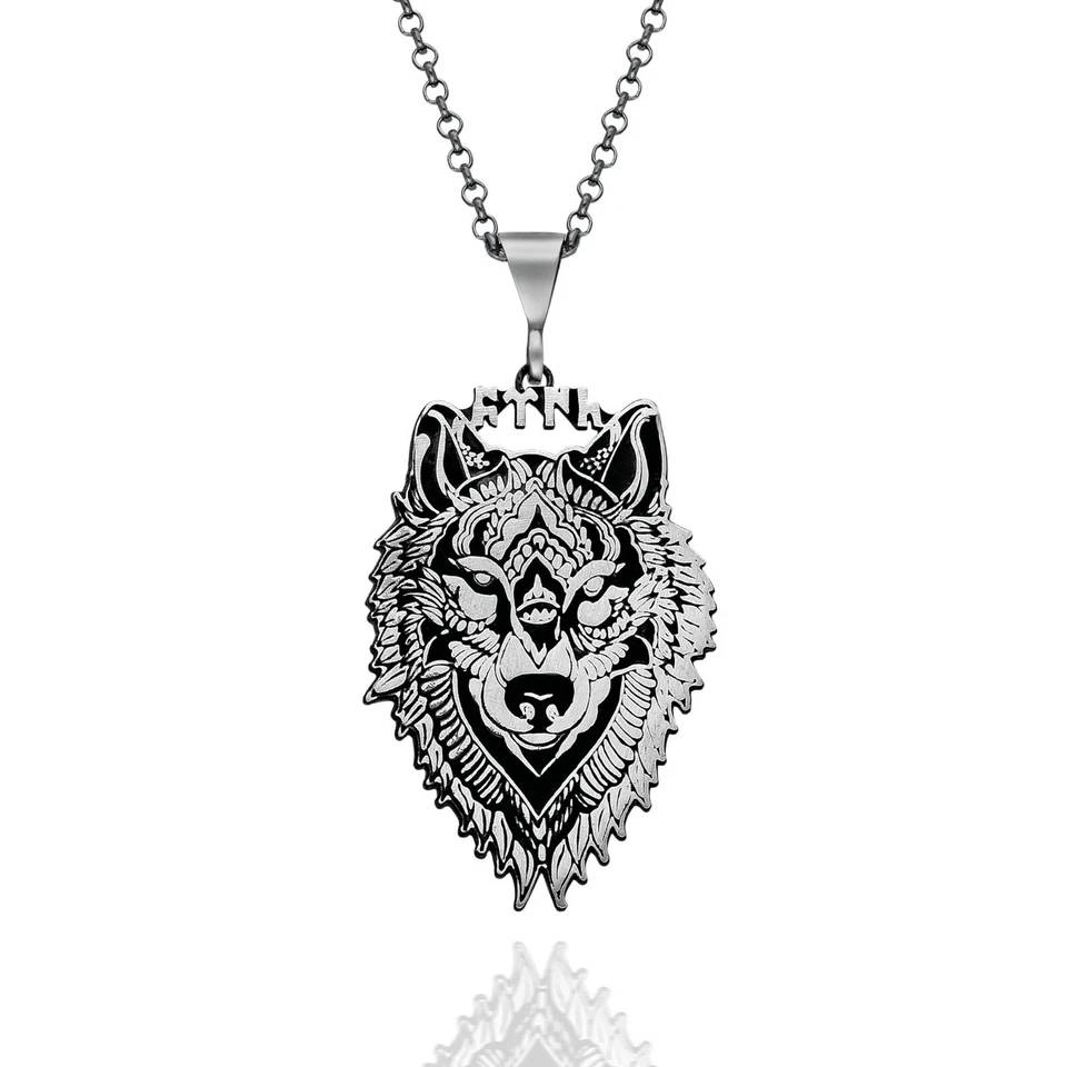 Solid 925 Sterling Silver Gokturk Turk Gray Wolf Men's Necklace - Image 1 of 2