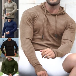 Men's Long Sleeve Hooded Tops Gym Fitness Slim Fit Knitted Drawstring Sweatshirt - Picture 1 of 28