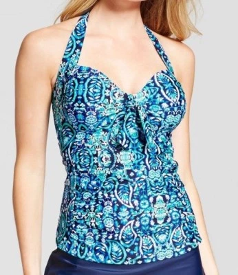 New Women's Merona Blue & White Necktie Tankini Swimsuit Top Swimwear Size Small - Image 1 of 3