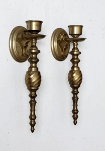 Vtg Solid Brass Twisted Candle Sconces Pair Single Taper Beautiful Mid Century - Picture 1 of 8
