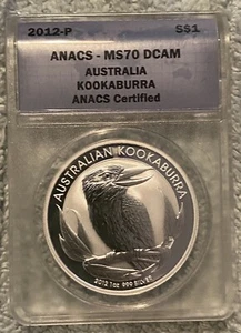 2012-P $1 ANACS MS-70 DCAM Australia Kookaburra, 1OZ .999 FINE SILVER COIN - Picture 1 of 2