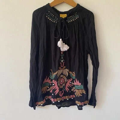 Roberta Roller Rabbit Top Womens Size XS Blouse Black Embroidered Boho - Image 1 of 4