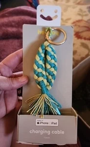 Micro USB Cable Keychain - IPhone Charging Cord Braided  Tassel Blue Green Nwt - Picture 1 of 3