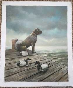 Chesapeake Bay Retriever Labrador Ducks on Pier Oil Painting Canvas Unframed Art - Picture 1 of 5