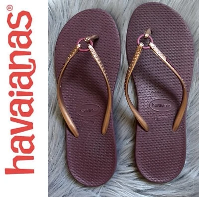✨Chanclas Havaianas Slim Para Mujer Borgoña Oro Rosa Talla EE. UU. 9/10✨ Foto 1 de 4