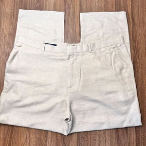 Perry Ellis Linen Blend Pants Mens Size 44x32 Beige Flat Front Chino Luxury - Picture 1 of 10