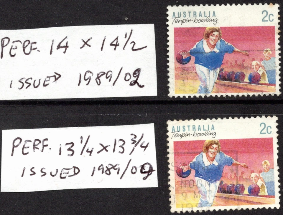 AUSTRALIA Sports series 2c BOWLING these stamps Perf. 14 x 14½ + Perf. 13¼ x 13¾ - Image 1 of 1