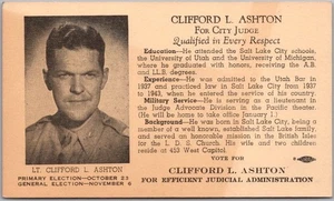 SALT LAKE CITY, Utah Political Adv. Postcard CLIFFORD ASHTON / City Judge UNUSED - Picture 1 of 2
