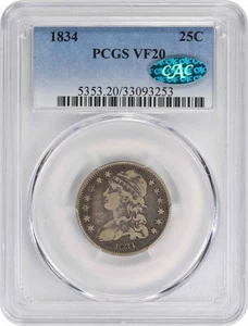 1834 Bust Silver Quarter VF20 PCGS (CAC) - Picture 1 of 2