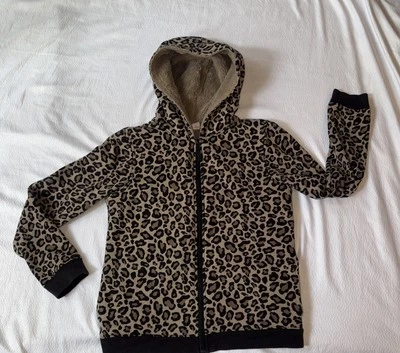 Jaqueta de inverno feminina tamanho 14 leopardo fleeced com capuz aconchegante com zíper e bolsos - Imagem 1 de 4